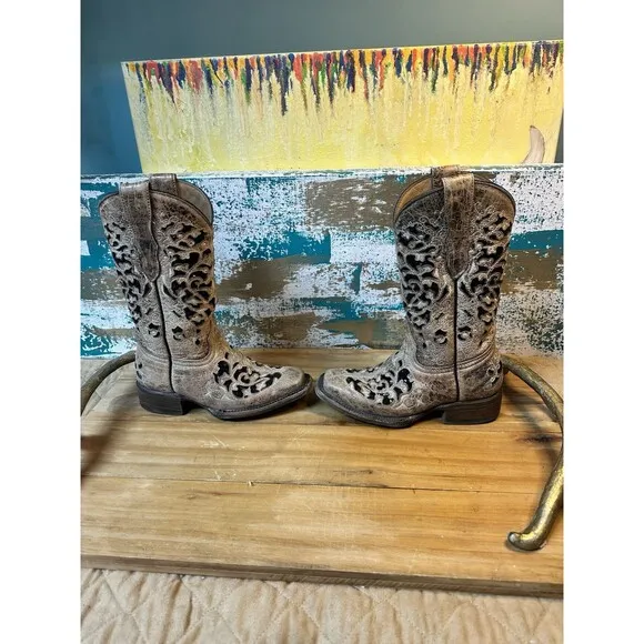 Corral Western Boots Girls Glitter Inlay Embroidery Bronze T0042 Size 1