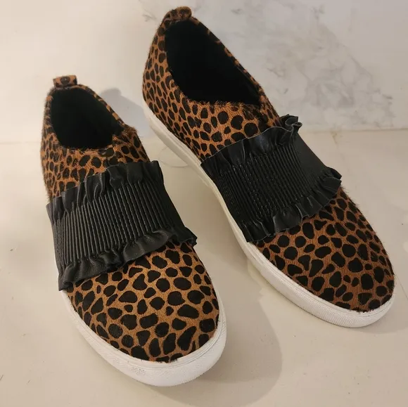 Donald Pliner Leopard Print Hairy Calf Brown Black Slip-On Flats Shoes Size 8.5M