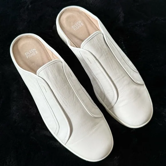 EILEEN FISHER 11 11.5 News Washed Leather Sneaker Mules in White / Light Grey