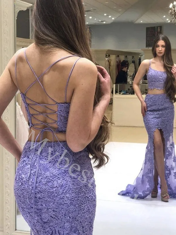 Elegant Spaghetti straps Side slit Two-pieces Mermaid Prom Dresses,PDS0949