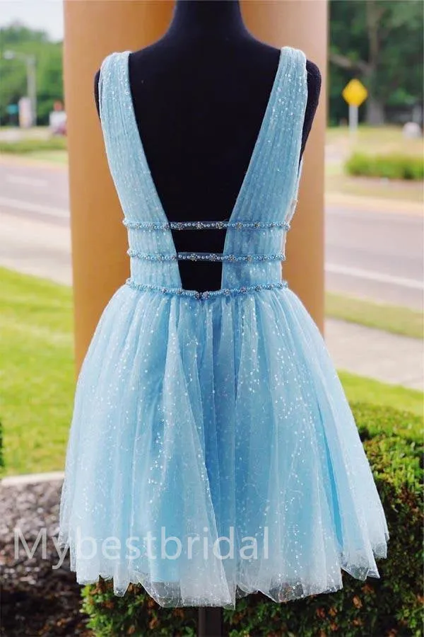 Elegant V-neck Sleeveless A-line Short Mini Homecoming Dress,  HDS0150