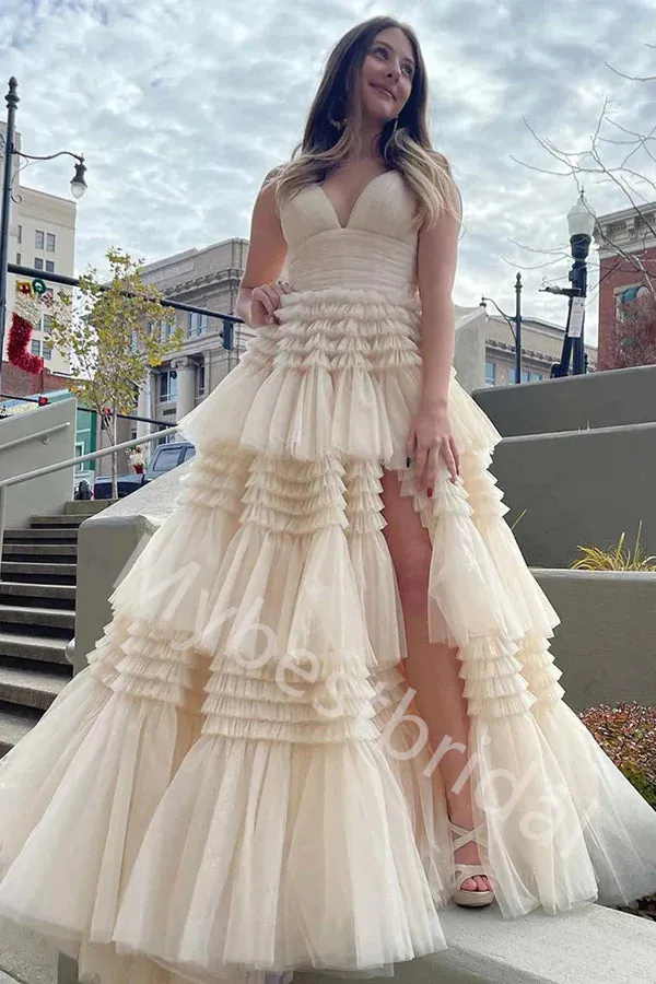 Elegant V-neck Sleeveless Side slit A-line Long Prom Dress,PDS1126