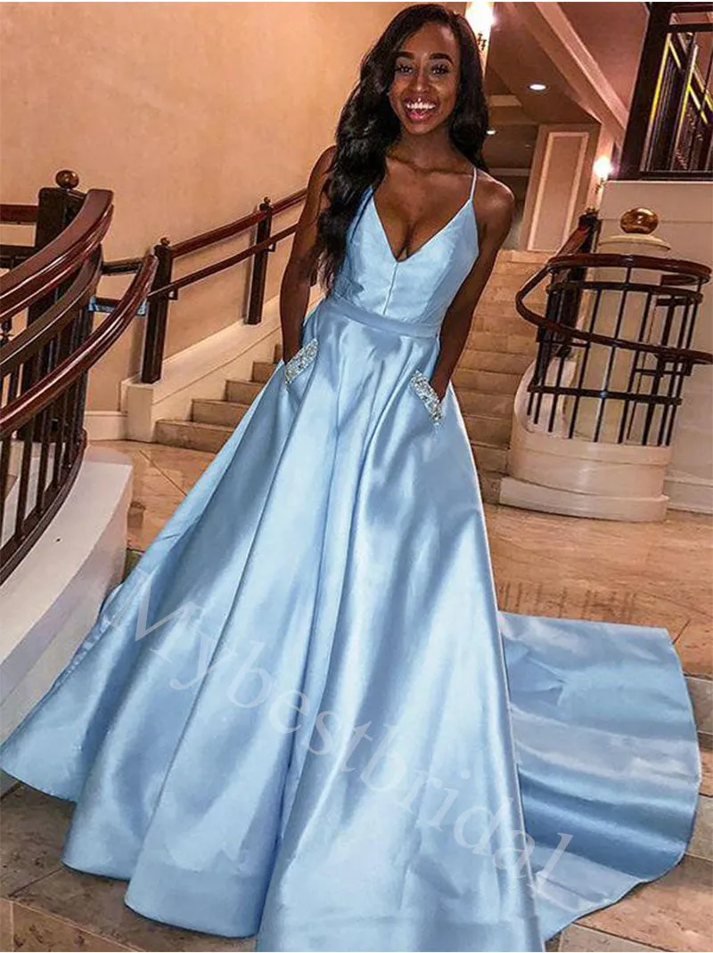 Elegant V-neck Spaghetti straps A-line Prom Dresses,PDS0948