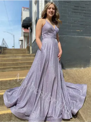 Elegant V-neck Spaghetti straps A-line Prom Dresses,PDS0969