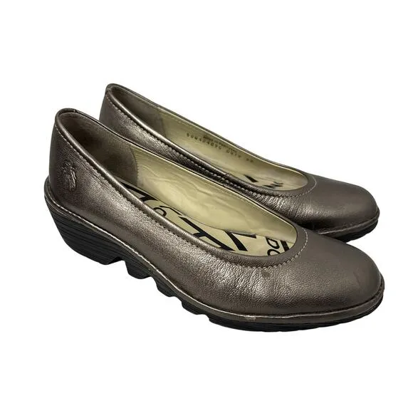 Fly London Shoes Womens Size 8 US Wedge Pump Pewter Slip On Comfort