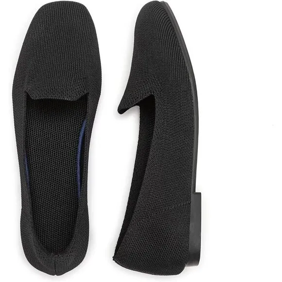 Frank Mully Flat Shoes Women Black Knitted Fabric Square Toe Slip Loafer Shoes