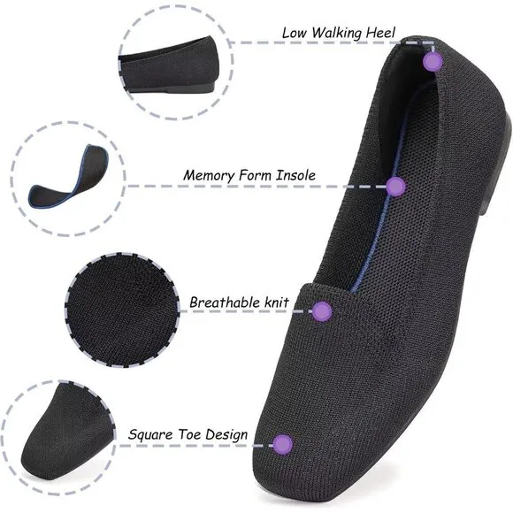 Frank Mully Flat Shoes Women Black Knitted Fabric Square Toe Slip Loafer Shoes
