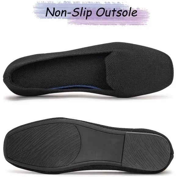 Frank Mully Flat Shoes Women Black Knitted Fabric Square Toe Slip Loafer Shoes