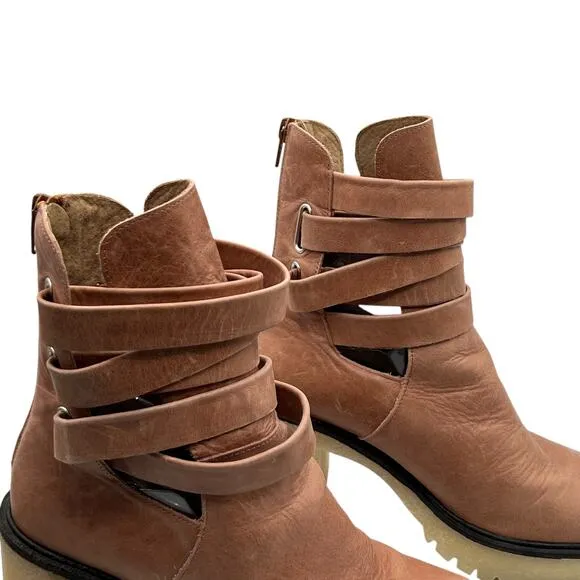 Free People US 9 EU 39 Jesse Cutout Strappy Platform Boots Brown Tan Heeled Boho