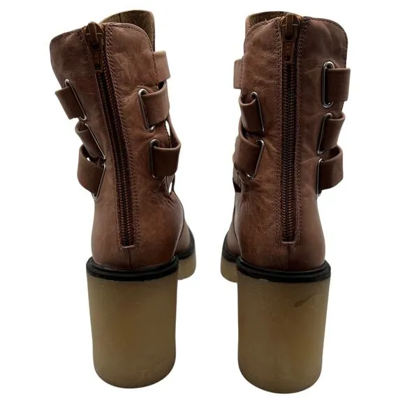 Free People US 9 EU 39 Jesse Cutout Strappy Platform Boots Brown Tan Heeled Boho