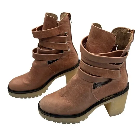 Free People US 9 EU 39 Jesse Cutout Strappy Platform Boots Brown Tan Heeled Boho