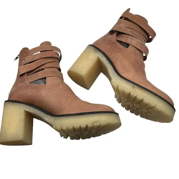 Free People US 9 EU 39 Jesse Cutout Strappy Platform Boots Brown Tan Heeled Boho