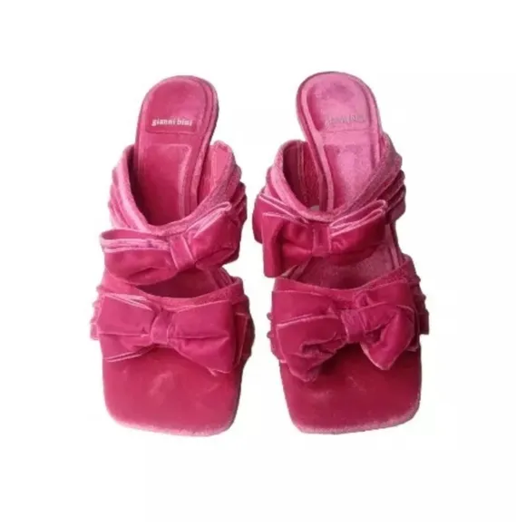 Gianni Bini Pandorah Velvet Bow Square Toe Dress Sandals Sz 7 Heels Shoes Pink