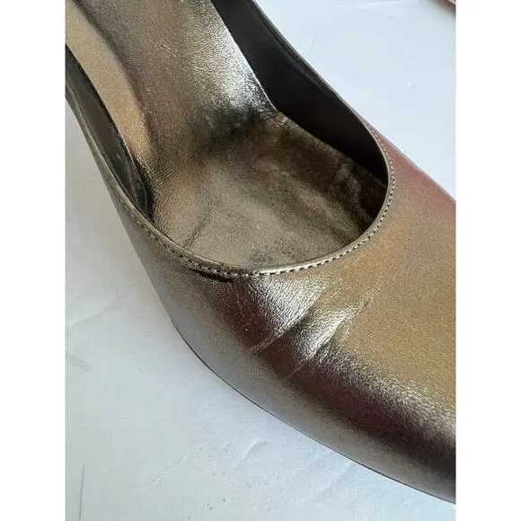 GUCCI Leather Champagne Gold Round Toe Black Low Heel Pump Shoes Size 8 Narrow