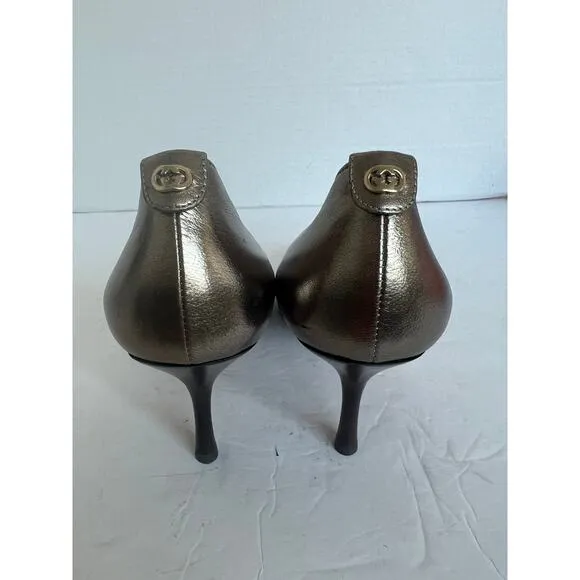 GUCCI Leather Champagne Gold Round Toe Black Low Heel Pump Shoes Size 8 Narrow