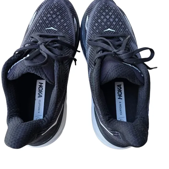 Hoka Clifton 9, Black/White Mesh, Mens Size 9.5D (Wide)