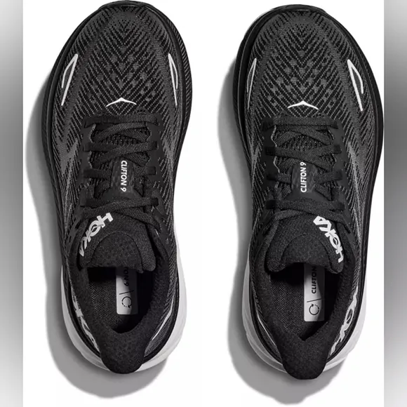 Hoka Clifton 9, Black/White Mesh, Mens Size 9.5D (Wide)