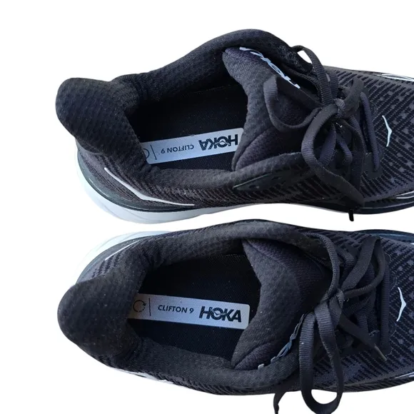 Hoka Clifton 9, Black/White Mesh, Mens Size 9.5D (Wide)