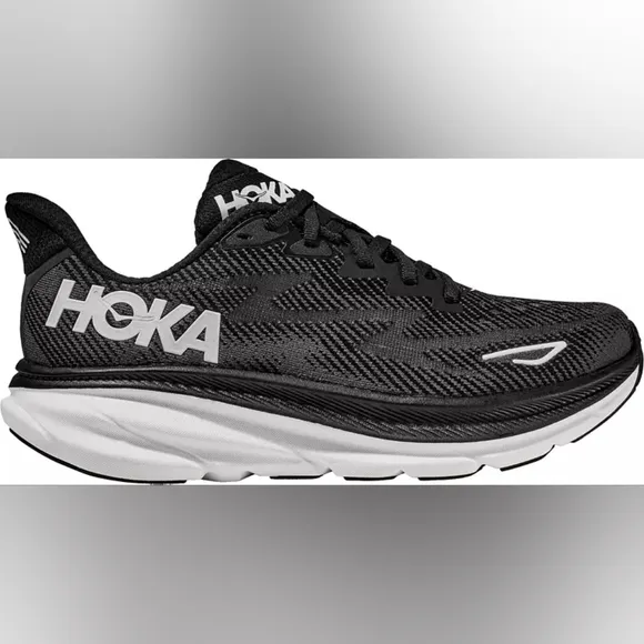 Hoka Clifton 9, Black/White Mesh, Mens Size 9.5D (Wide)