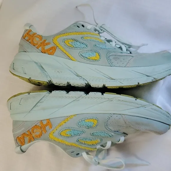 Hoka Clifton Leather Embroidery UNISEX Shoes blue glass Orage yellow Sz M11 W10