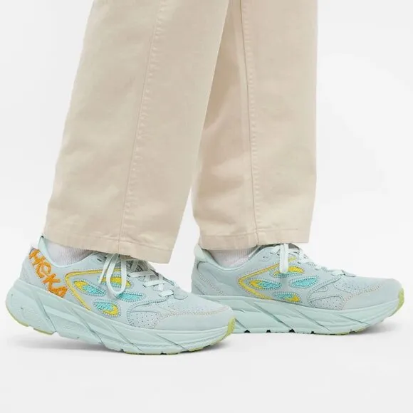 Hoka Clifton Leather Embroidery UNISEX Shoes blue glass Orage yellow Sz M11 W10