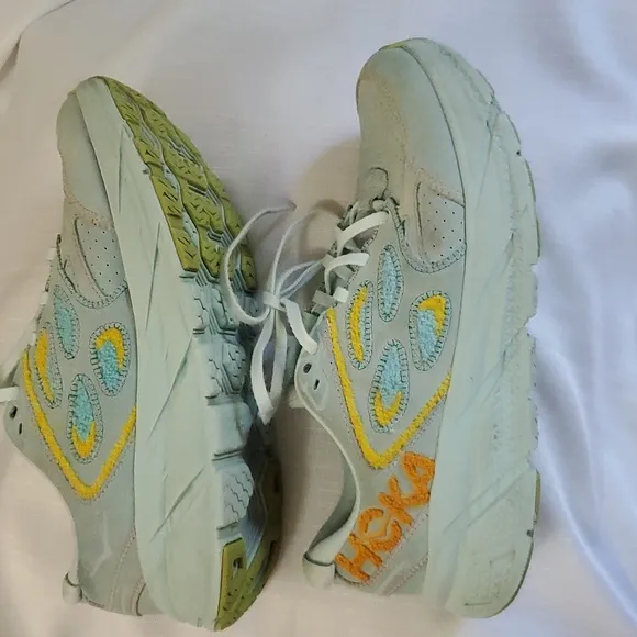 Hoka Clifton Leather Embroidery UNISEX Shoes blue glass Orage yellow Sz M11 W10