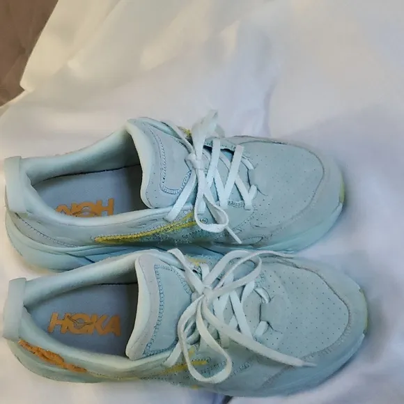 Hoka Clifton Leather Embroidery UNISEX Shoes blue glass Orage yellow Sz M11 W10