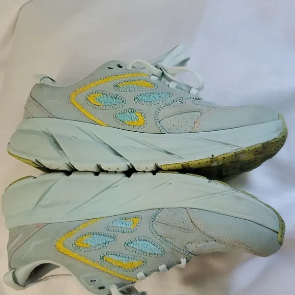 Hoka Clifton Leather Embroidery UNISEX Shoes blue glass Orage yellow Sz M11 W10