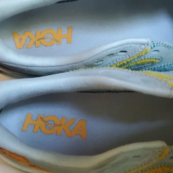 Hoka Clifton Leather Embroidery UNISEX Shoes blue glass Orage yellow Sz M11 W10