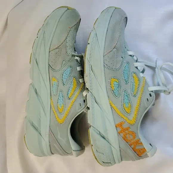 Hoka Clifton Leather Embroidery UNISEX Shoes blue glass Orage yellow Sz M11 W10