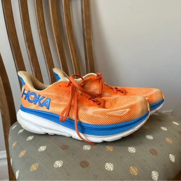 Hoka Clifton Orange and Blue Walking Shoes Sneakers Size 9 Wide Men's