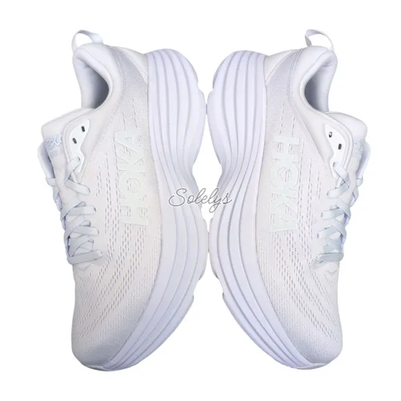 HOKA ONE Bondi 8 Womens 9.5B Triple White Monochrome Run Walking Comfort Sneaker
