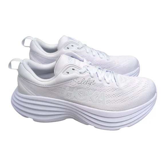 HOKA ONE Bondi 8 Womens 9.5B Triple White Monochrome Run Walking Comfort Sneaker
