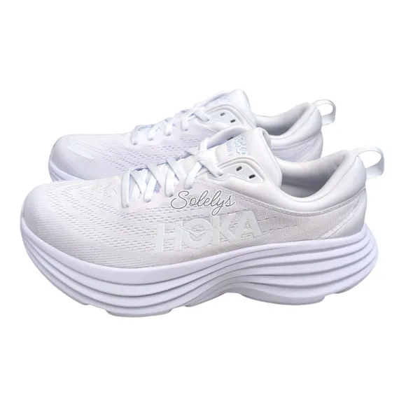HOKA ONE Bondi 8 Womens 9.5B Triple White Monochrome Run Walking Comfort Sneaker