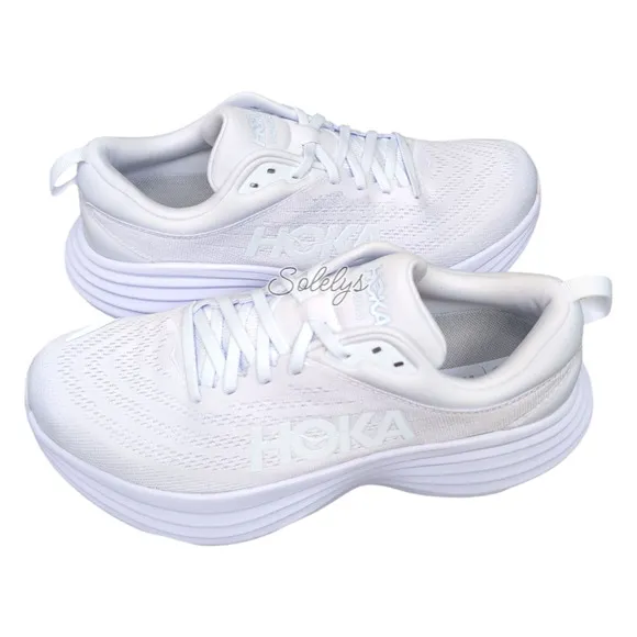 HOKA ONE Bondi 8 Womens 9.5B Triple White Monochrome Run Walking Comfort Sneaker