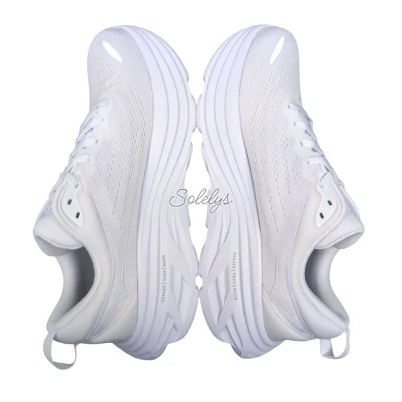 HOKA ONE Bondi 8 Womens 9.5B Triple White Monochrome Run Walking Comfort Sneaker
