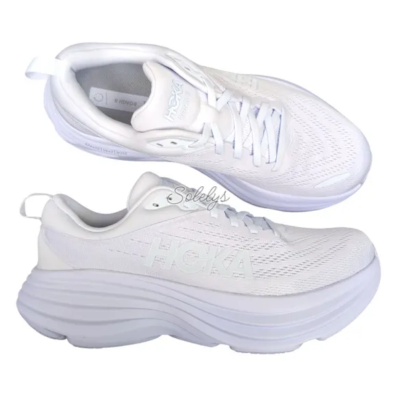 HOKA ONE Bondi 8 Womens 9.5B Triple White Monochrome Run Walking Comfort Sneaker