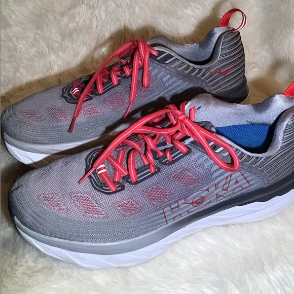 Hoka One One Bondi 6 Gray &amp; Red Mens Athletic Running Shoes Size 11.5