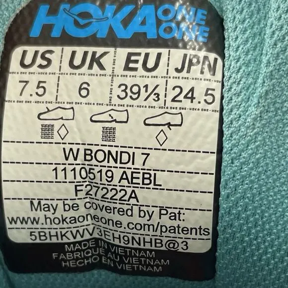 Hoka One One Bondi 7 Running Shoes Womens Size 7.5 Aqua Blue Athletic Sneakers