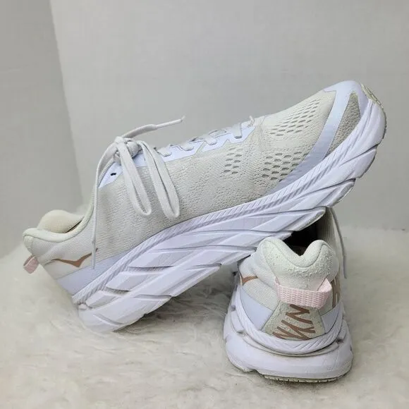 Hoka One One Clifton 6 White &amp; Gold Rose Running Sneakers Shoes Size 11