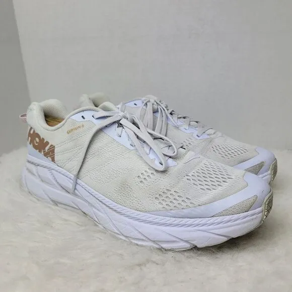 Hoka One One Clifton 6 White &amp; Gold Rose Running Sneakers Shoes Size 11