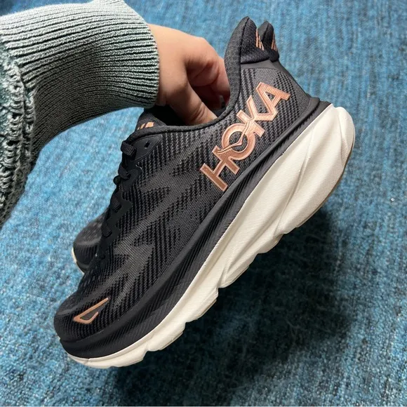 Hoka One One Clifton 9 Running Shoes in Black Rose Gold