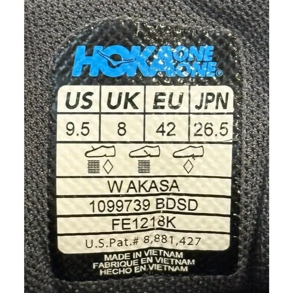 Hoka One Womens Akasa Running Shoes Size 9.5 Black Gray Trail Walking 1099739