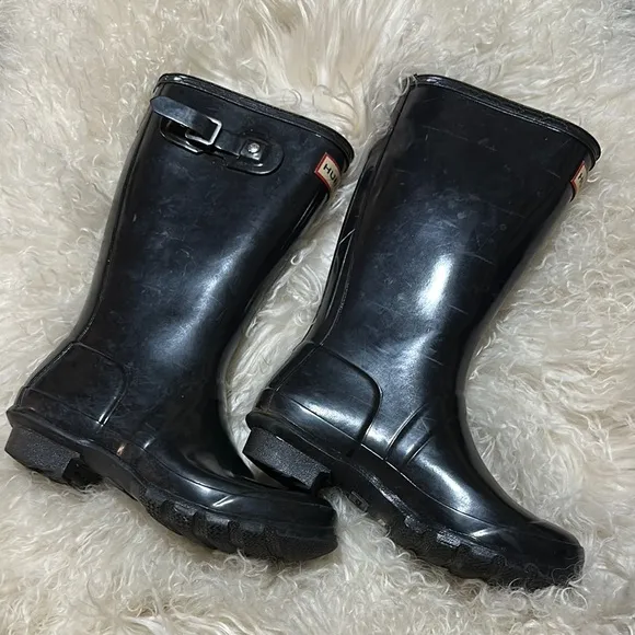 Hunter Orginal Gloss Wellington Black Rain Boots Girls Size 4 EUC