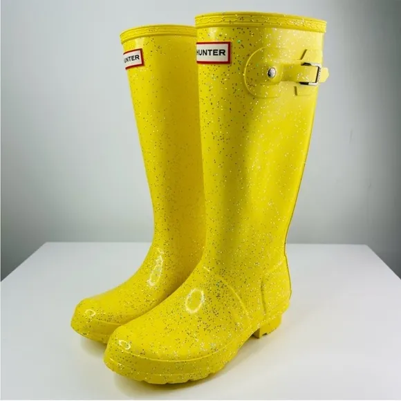 Hunter Yellow Glitter Big Kids Original Giant Glitter Tall Unisex Rain Boots