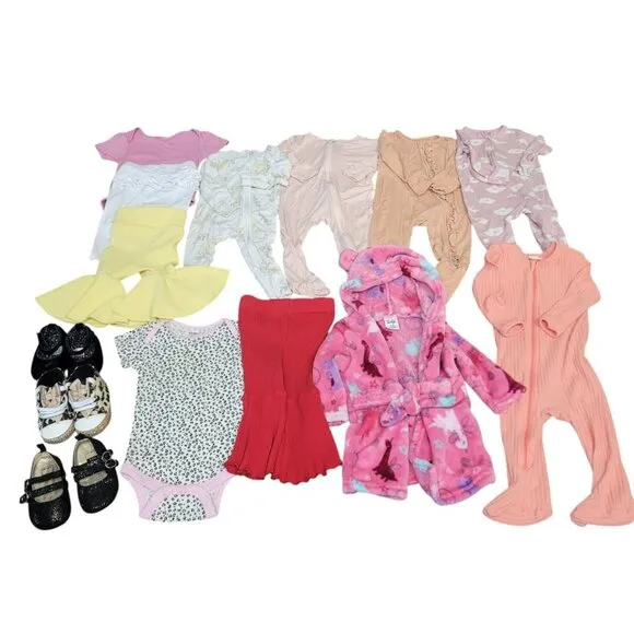 Infant Baby Girl 3-6 Month Lot of 14 Bundle Clothing Shoes Sleepers Bamboo Pants