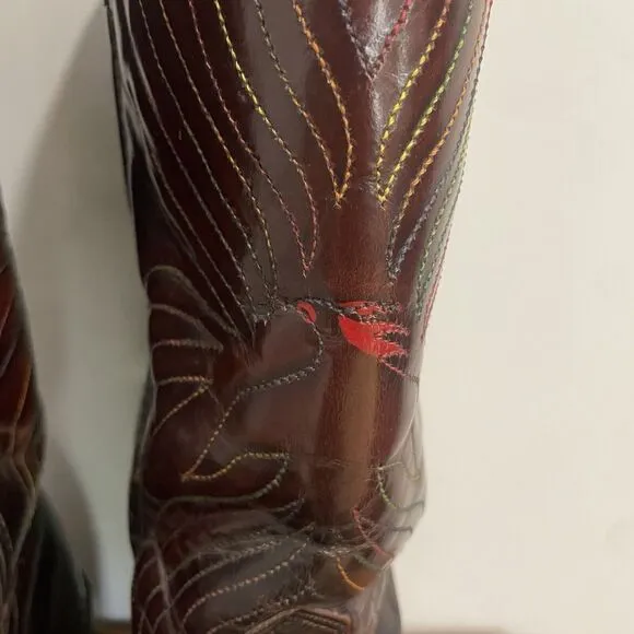 Iron Age Steel Toe Cowboy Boots Phoenix Rising Rainbow Stitch Brown Leather Sz 9