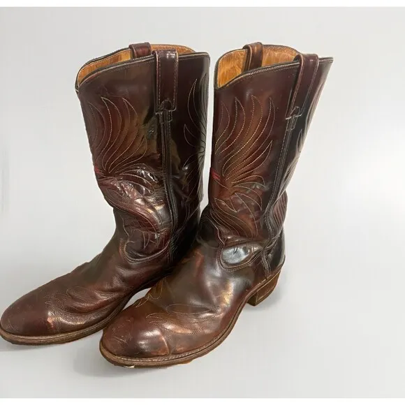 Iron Age Steel Toe Cowboy Boots Phoenix Rising Rainbow Stitch Brown Leather Sz 9