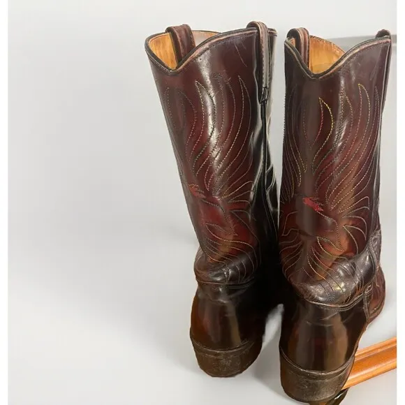 Iron Age Steel Toe Cowboy Boots Phoenix Rising Rainbow Stitch Brown Leather Sz 9