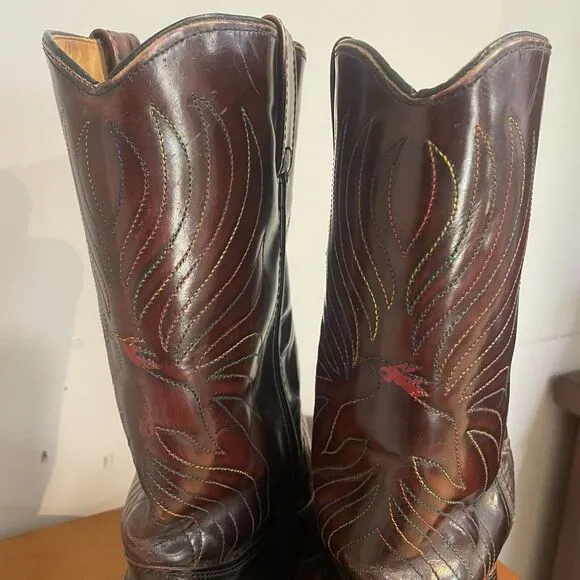 Iron Age Steel Toe Cowboy Boots Phoenix Rising Rainbow Stitch Brown Leather Sz 9